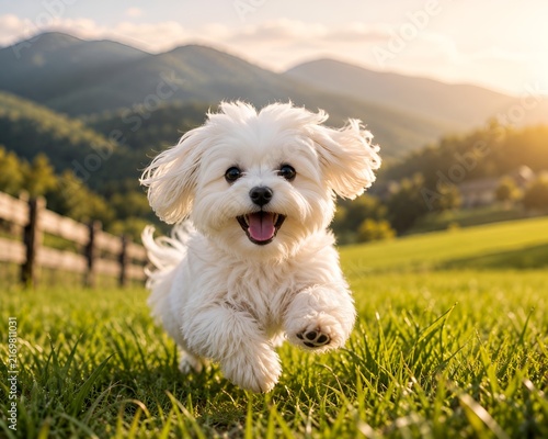 Happy white fluffy puppy running joyfully on green grass in a sunny park with cute dog