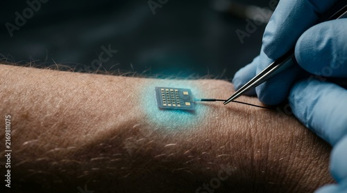 Neuroscience research with micro EEG electrode sensor applied to human skin for brain study.