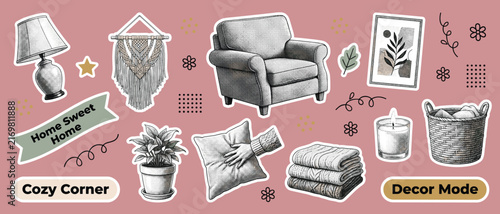 Foto Home decor halftone collage sticker set vector with armchair lamp pillow macrame