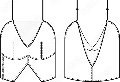 Photography Fashion flat sketch of a women camisole top with adjustable spaghetti straps fro