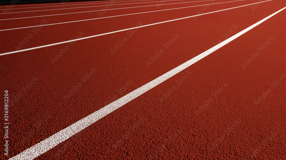 Fototapeta premium A red running track with bright white lane lines stretching into the distance. This represents competitive sports, athletic achievement, and personal fitness goals.