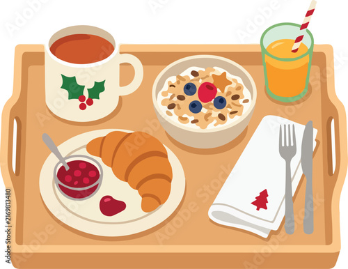 A delightful morning feast is arranged on a wooden tray, featuring hot coffee, fresh berries, crunchy pastry, tasty juice, and creamy porridge for a wonderful holiday season start