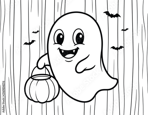 Cute cartoon ghost holding a pumpkin bucket for halloween celebration