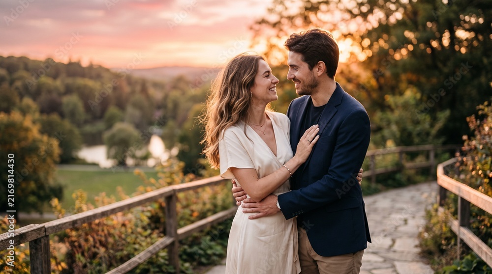 Fototapeta premium Romantic Couple Embracing and Looking at Each Other Outdoors at Sunset Hill View