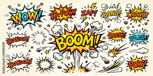 Dynamic comic book explosion effects and sound text graphics set with explosion effect pop art burst graphic action element boom text cartoon design fun design asset