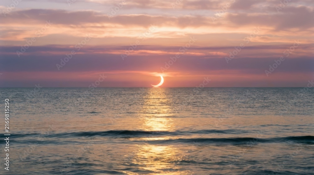 Obraz premium Crescent sun setting over calm ocean with golden reflection and soft waves