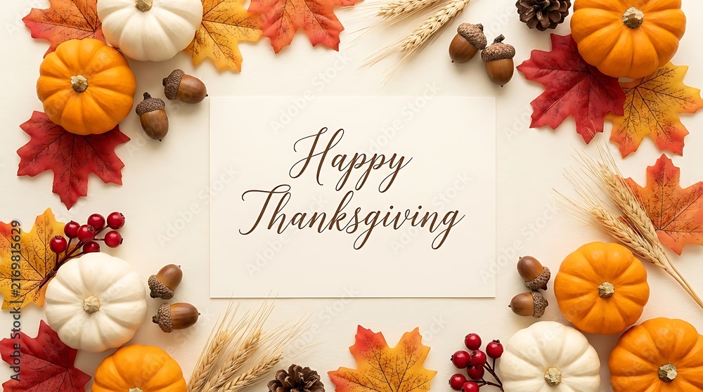 Obraz premium Festive thanksgiving day flat lay with pumpkins leaves and autumn decor