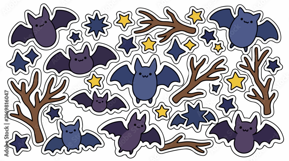 Fototapeta premium Cute Bats Stars and Trees Halloween Stickers
