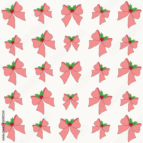 Seamless pattern with cute pink Christmas bows and holly leaves, festive winter holiday vector background