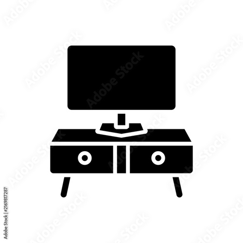 Television screen on wooden TV stand media console icon vector illustration