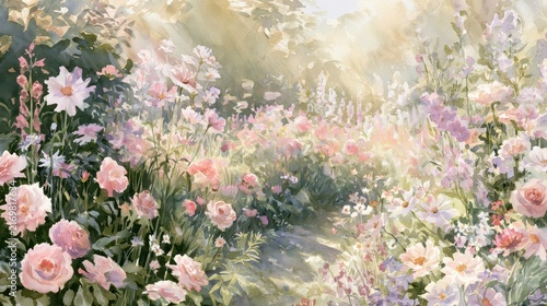 Romantic watercolor garden scene with blooms and lush greenery