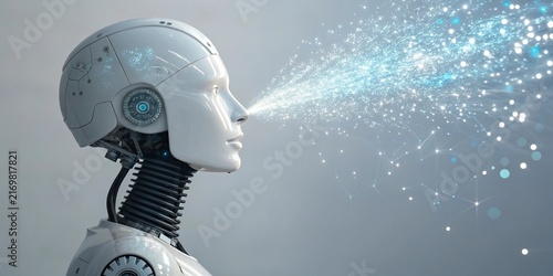 Futuristic humanoid robot with digital face and glowing eyes