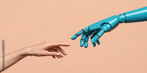 Human Hand Reaching Out to Robotic Hand in Technology Exchange,Human and robot hand interaction in a modern setting