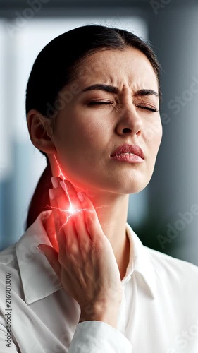 Young woman suffering from severe sore throat and neck pain with glowing red visualization of the inflammation area