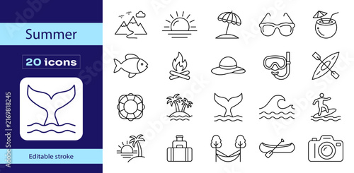Summer Vacation Editable Stroke Icon Set with Beach, Travel, Tropical Island, Sun, Umbrella, Sunglasses, Coconut Drink, Camping, Swimming, Surfing, Kayaking, Fishing and Camera.