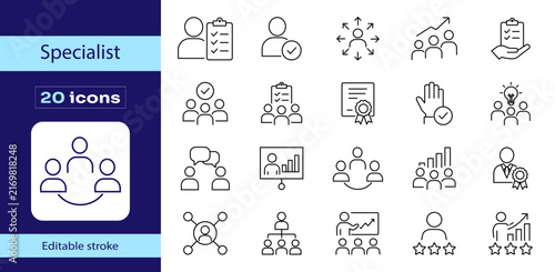 Specialist Business People Editable Stroke Icon Set, Professional Team, Leadership, Expertise, Consulting, Management, Skills, Training, Certification, Career and Success.
