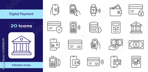 Digital payment editable stroke icon set with contactless payment, credit card, mobile wallet, NFC, POS terminal, banking, money transfer, secure transaction and fintech symbols.