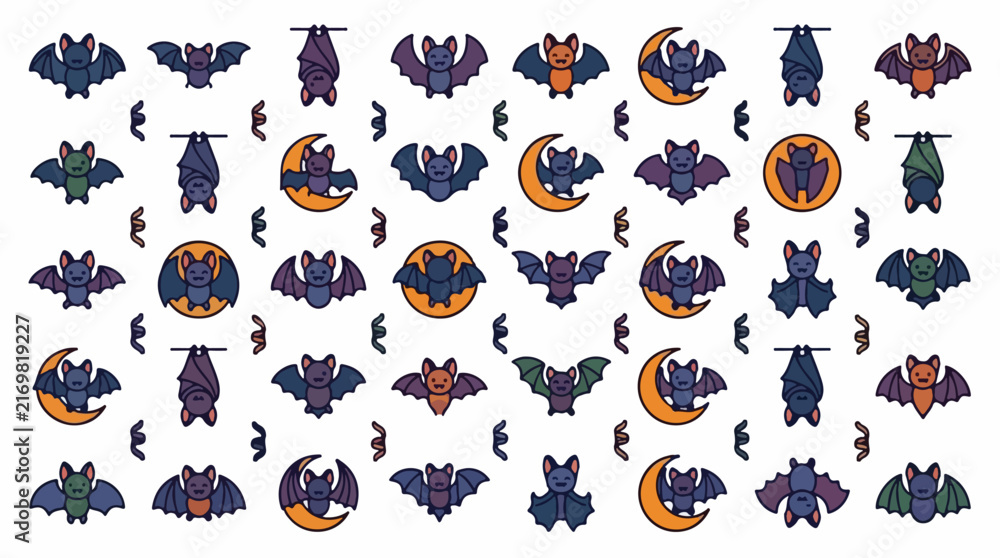 Fototapeta premium Colorful cartoon bats and crescent moons illustration