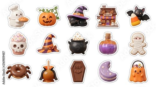 A festive halloween sticker bundle featuring cute spooky characters and traditional holiday icons for autumn crafts