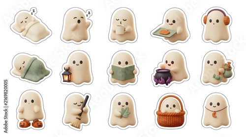 Cute kawaii halloween sticker bundle featuring adorable ghosts with various festive accessories and spooky holiday items