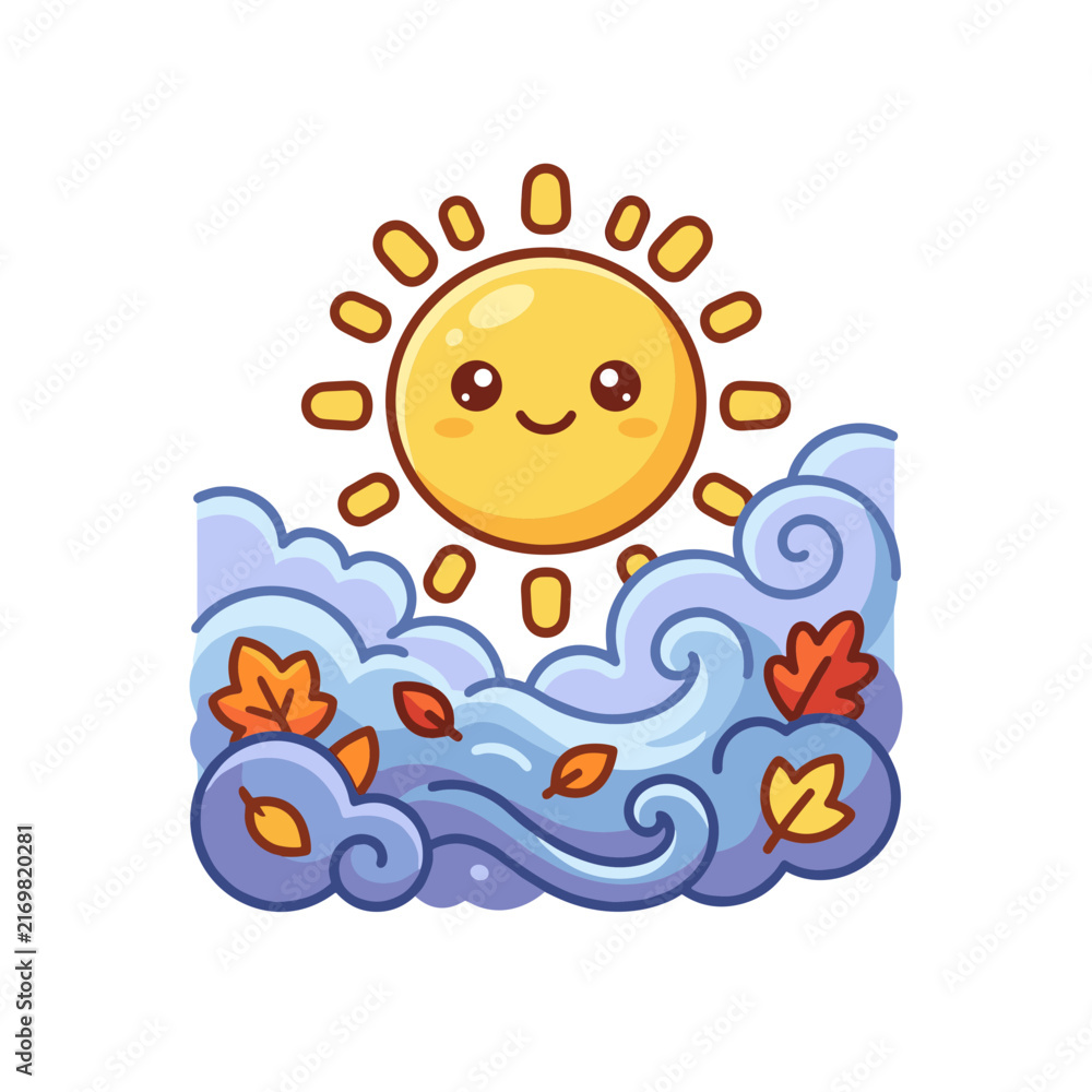 Fototapeta premium Kawaii sun character smiling over swirling clouds and falling autumn leaves.