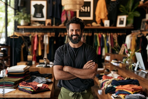 Friendly store owner standing with arms crossed inside retail clothing shop