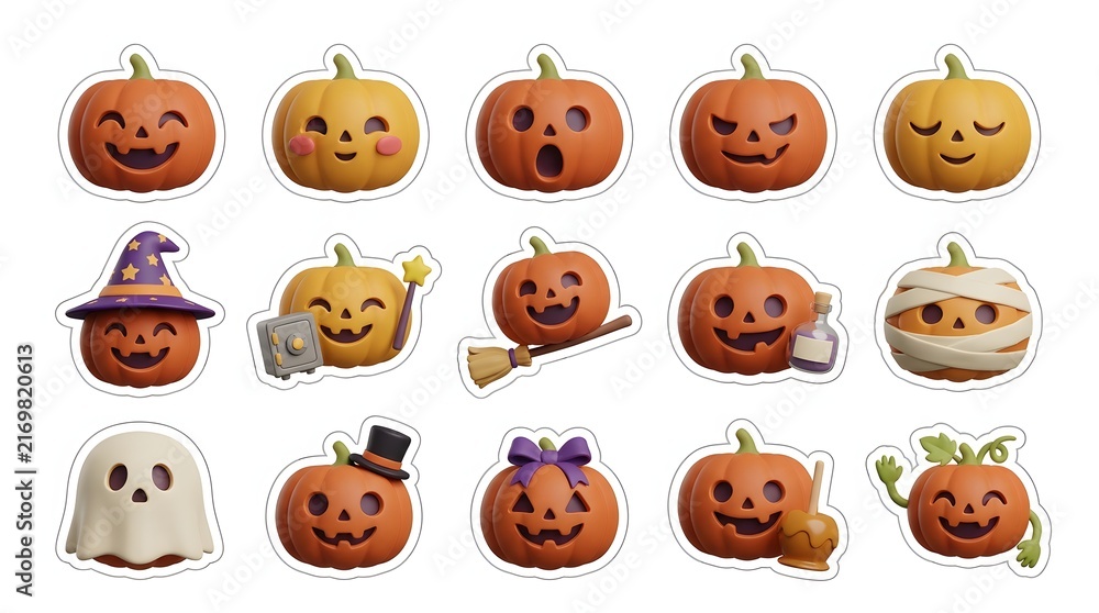 Fototapeta premium A festive halloween sticker bundle featuring various carved jack o lantern pumpkins with funny spooky expressions