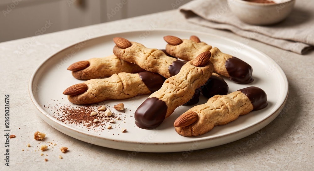 Fototapeta premium Chocolate-Dipped Almond Finger Cookies for Halloween Party