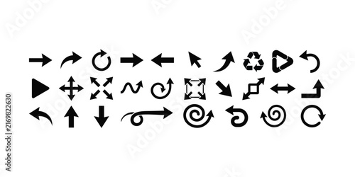 Collection of black arrow and symbols including directional circular and expanding arrows arrow direction