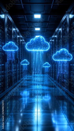 Glowing cloud computing symbol above a digital circuit board. Cloud technology, data storage, artificial intelligence, cybersecurity, and futuristic digital innovation concept.