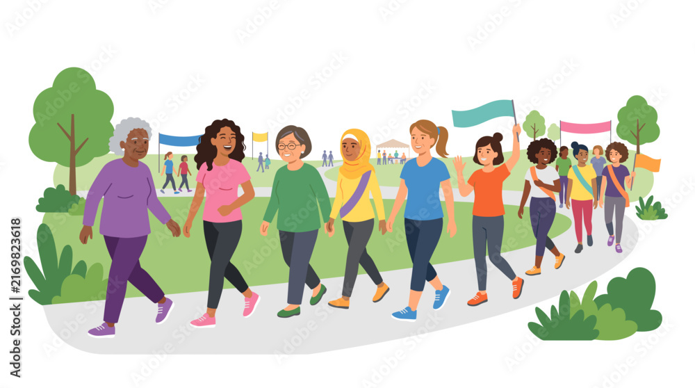 Obraz premium Diverse group of women of various ages and ethnicities participating in a walkathon event outdoors