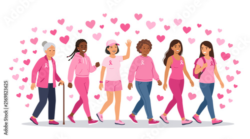 Diverse group of women of different ages and ethnicities walking together in pink for breast cancer awareness