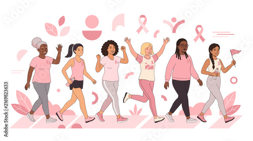 Diverse group of women participating in a breast cancer awareness walk event wearing pink ribbons and athletic wear