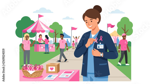 Diverse group participates in a breast cancer awareness walk event with pink ribbons and tents