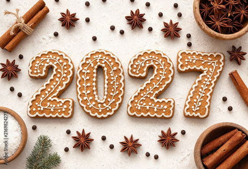 Gingerbread cookies shaped as 2027 lie on a snowy white surface with cinnamon sticks, star anise, peppercorns, and evergreen branches for a holiday celebration.