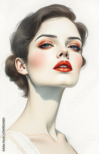artistic portrait of woman with an elegant updo and red lipstick, looking slightly upward against plain white background
