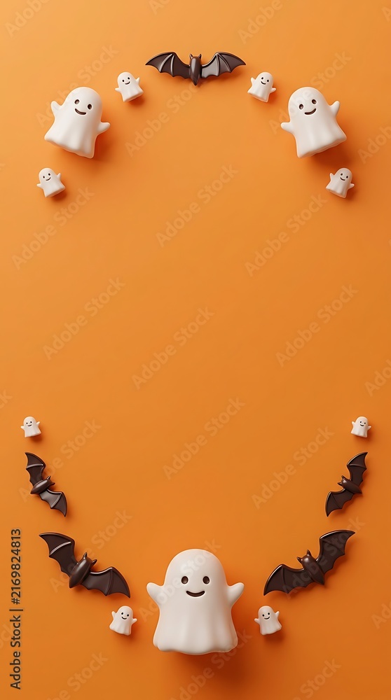 Fototapeta premium Cute little ghosts and black bats forming a frame on a bright orange background for halloween celebration