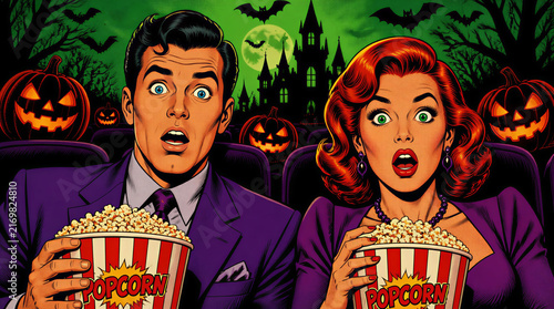 pop art comic book illustration of man and woman with shocked expressions and open mouths, holding popcorn buckets while sitting in movie theater with Halloween themed background