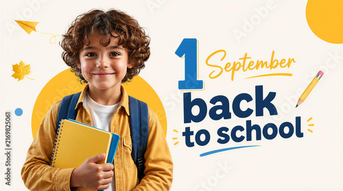 smiling young boy wearing yellow shirt and blue backpack holding notebooks, set against graphic background with the text 1 September back to school