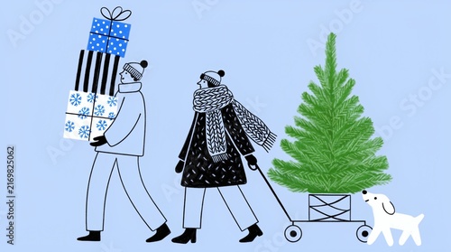 minimalist line illustration of two people in winter clothes, carrying Christmas tree and stacked New Year gifts
