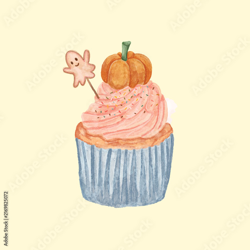 Watercolor cupcake with pink frosting, sprinkles and pumpkin topper in a blue wrapper for autumn bakery themes, stickers, greeting cards and food packaging.