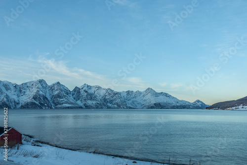 Canvas Print Snowy mountains and fjord in Troms og Finnmark Norway
