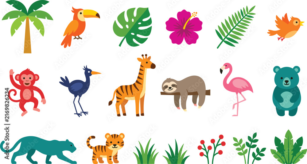 Naklejka premium Cute Cartoon Flat Tropical Jungle Animal and Botanical Vector Set with Tiger Monkey Sloth Giraffe Flamingo and Hibiscus Flower for Nursery Designs