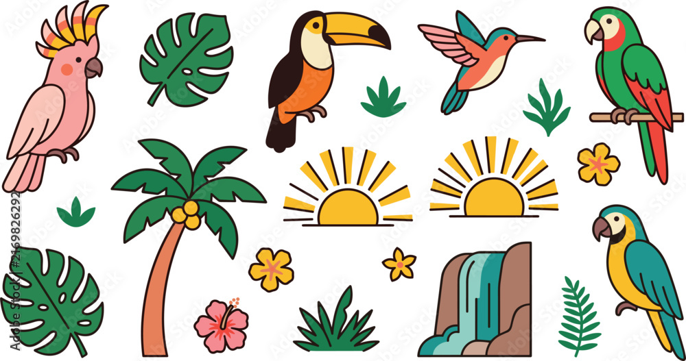 Naklejka premium Cute Cartoon Tropical Jungle Vector Element Set Featuring Cockatoo Toucan Parrot Hummingbird Palm Tree Hibiscus Flower and Waterfall Icons for Designs