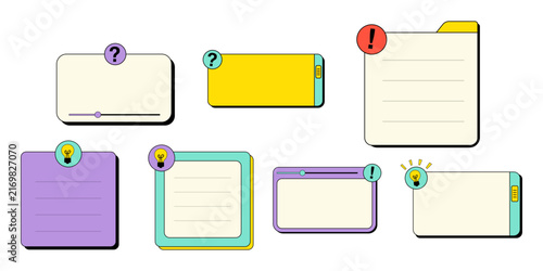 Retro UI Text Frame Set Featuring Idea, Question Mark, and Exclamation Mark Symbols for Messages, Alerts, Creative Design, and Vintage Graphic Projects.