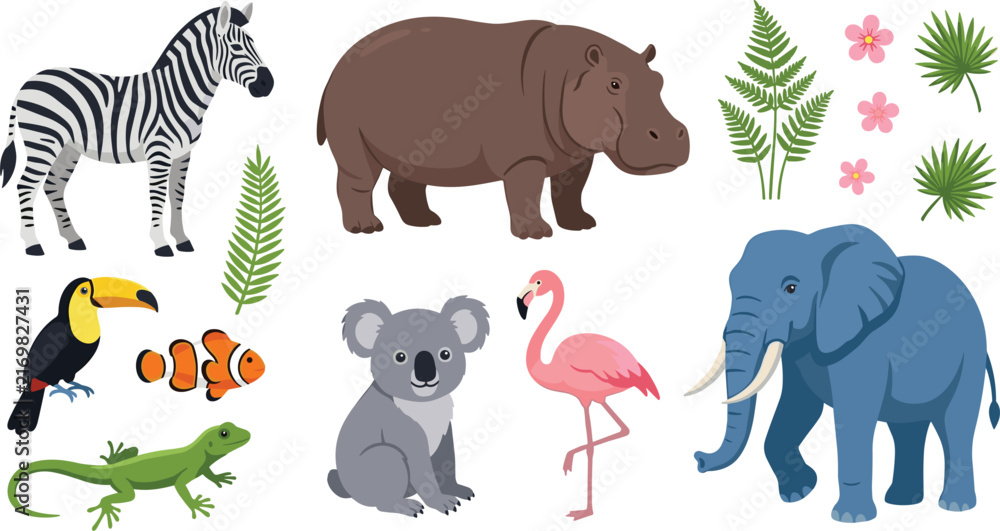 Naklejka premium Cute Cartoon Flat Exotic Wildlife Safari Animal and Tropical Botanical Vector Asset Pack Featuring Zebra Hippo Elephant Koala and Flamingo Icons