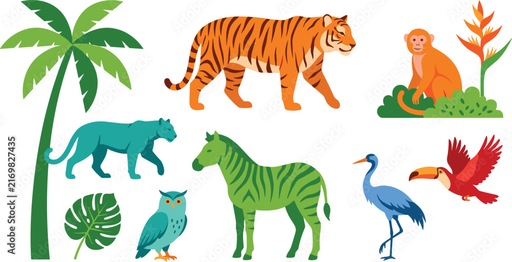 Naklejka premium Cute Cartoon Flat Tropical Jungle Wildlife Animal and Botanical Vector Set with Tiger Panther Zebra Monkey and Toucan for Nursery Surface Patterns