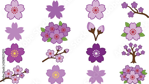 Purple Sakura Cherry Blossom Flower Icon Set Featuring Branches Buds Leaves and Tree Shapes for Spring Graphic Design Patterns and Illustrations