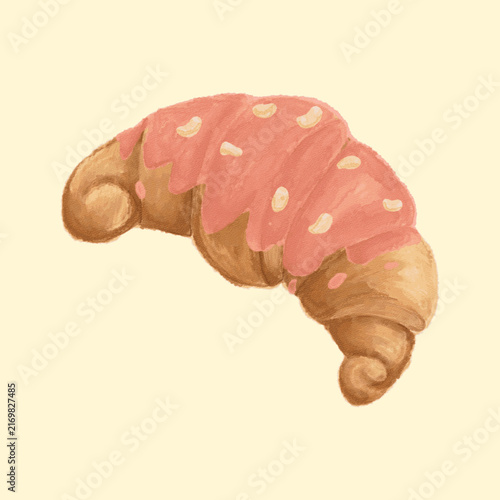 Watercolor croissant topped with pink strawberry sauce and crushed nuts, creating a sweet bakery treat for menus, packaging, stickers and food illustrations.