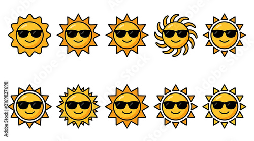 Collection of cartoon sun icons with sunglasses, each displaying a unique happy expression and warm yellow rays, perfect for summer and weather-related designs